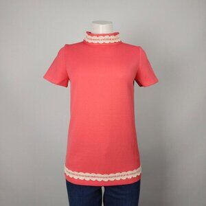Vintage Handmade Coral&White Lace Trim Short Sleeve Top Size S